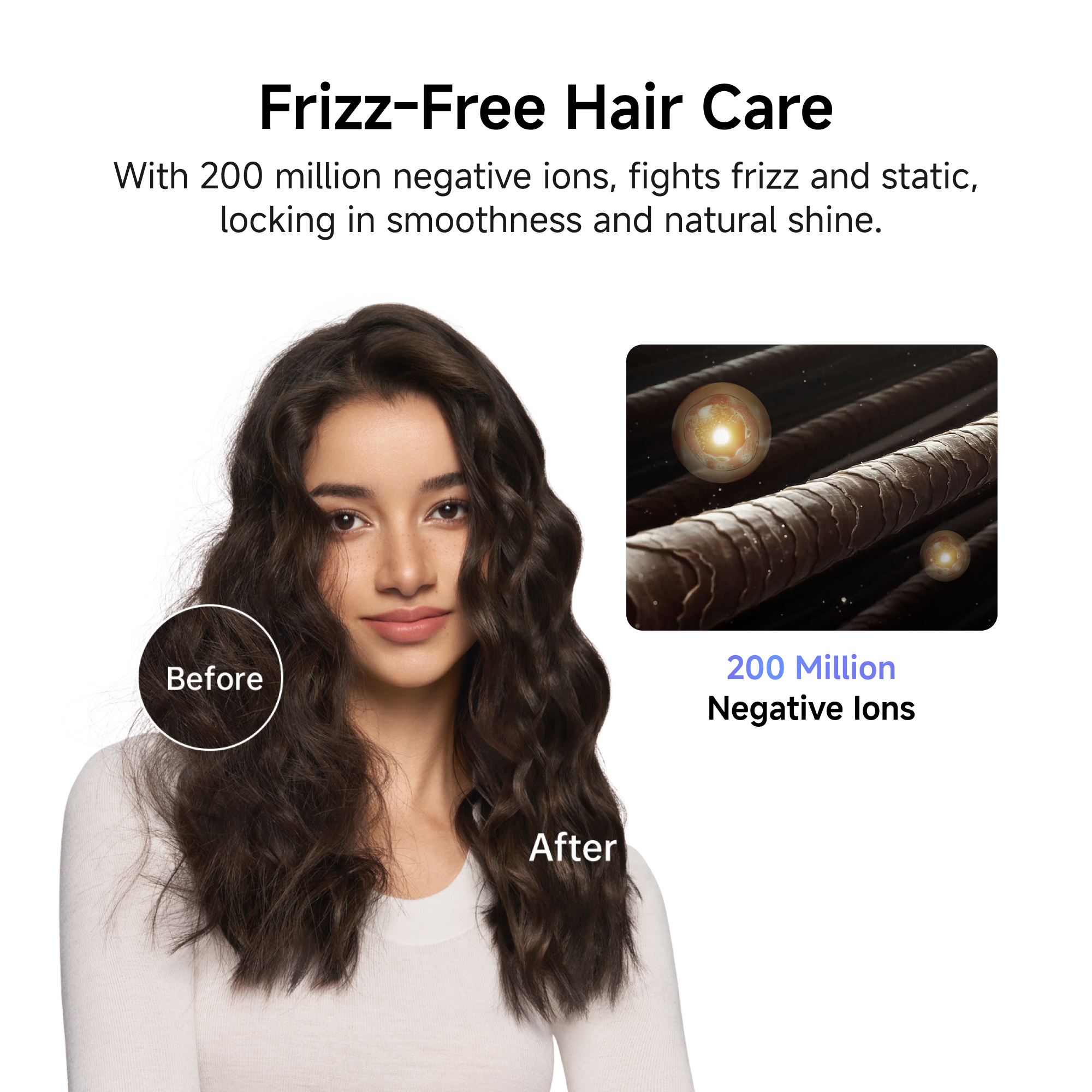 Eine Frau mit gewelltem braunem Haar wird gezeigt. Text erwähnt Frizz-freie Pflege mit negativen Ionen.