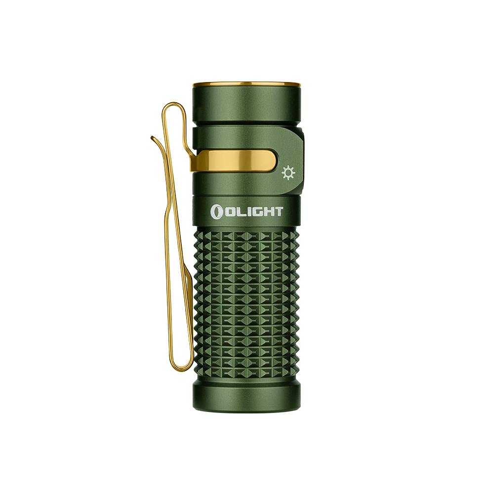 Eine grüne Taschenlampe mit goldenen Akzenten und Clip.