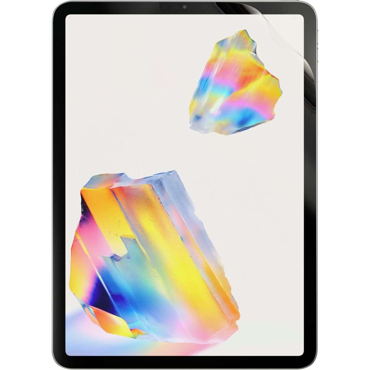 Tablet wyświetla abstrakcyjne, kolorowe kształty przypominające kryształy na białym tle.