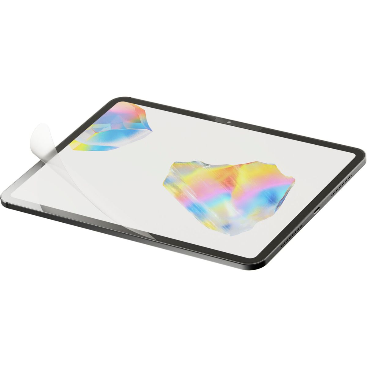 Folia ochronna na ekran tabletu jest nakładana na ekran tabletu z kolorowymi abstrakcyjnymi kształtami.