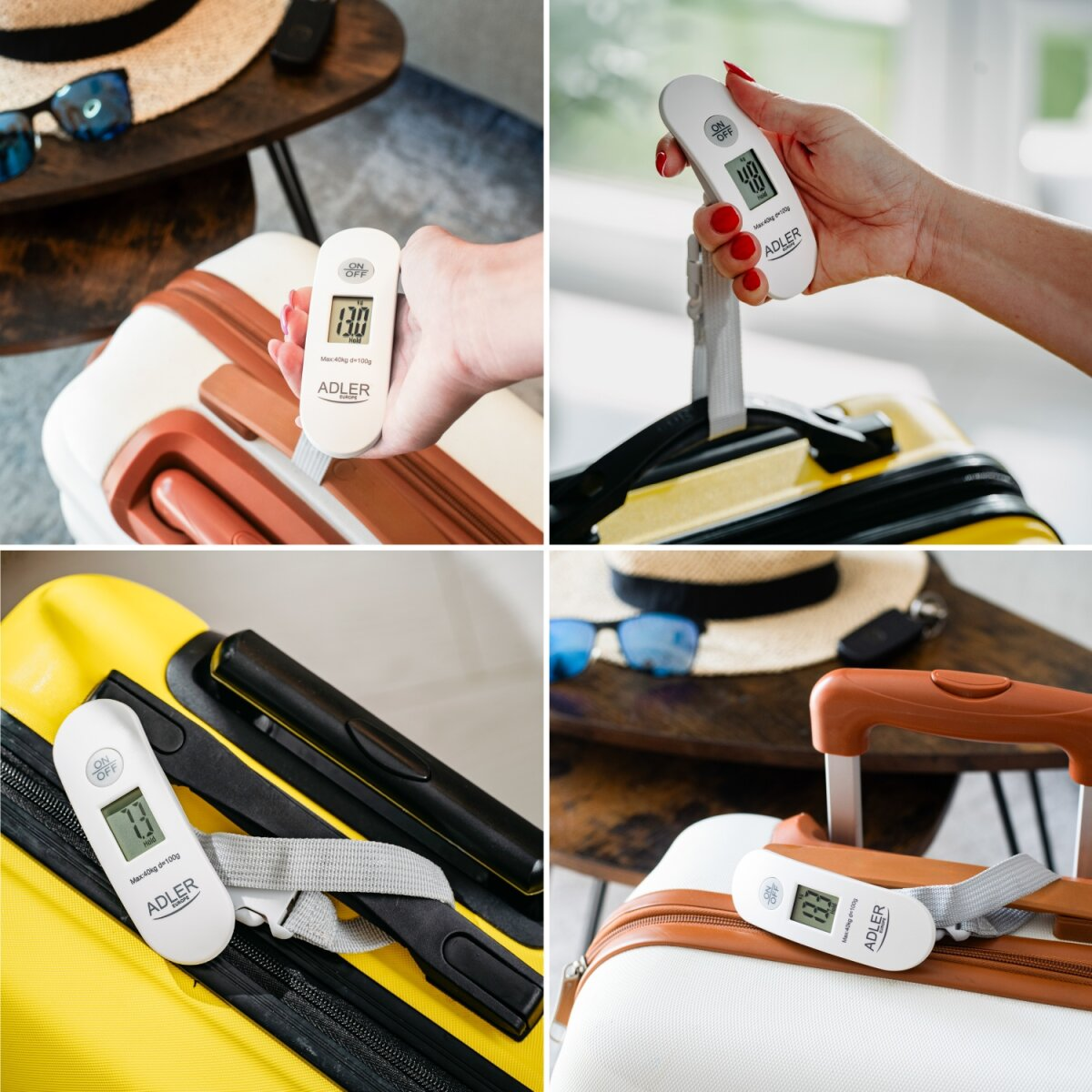 Il collage mostra bagagli pesati con una bilancia portatile. La bilancia segna 13kg, 4kg, 7.7kg, 13.3kg.