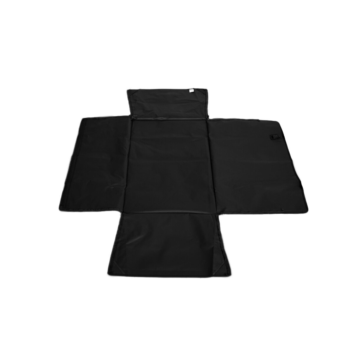 Schwarze, ausgebreitete Hundematte mit hochklappbaren Seiten und einer Kopfstütze.