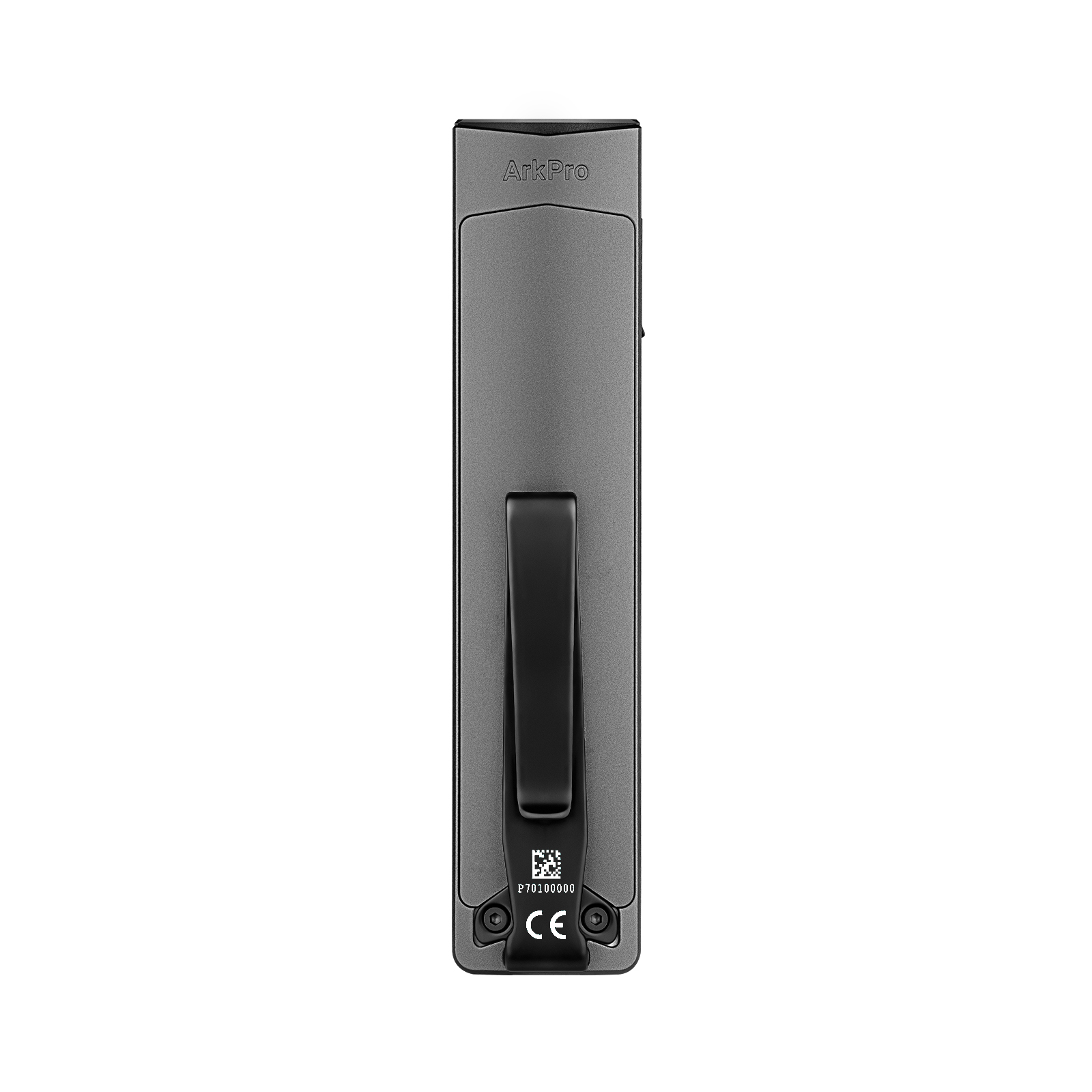 Dispositivo ArkPro grigio con clip nera, codice QR e logo CE in basso.