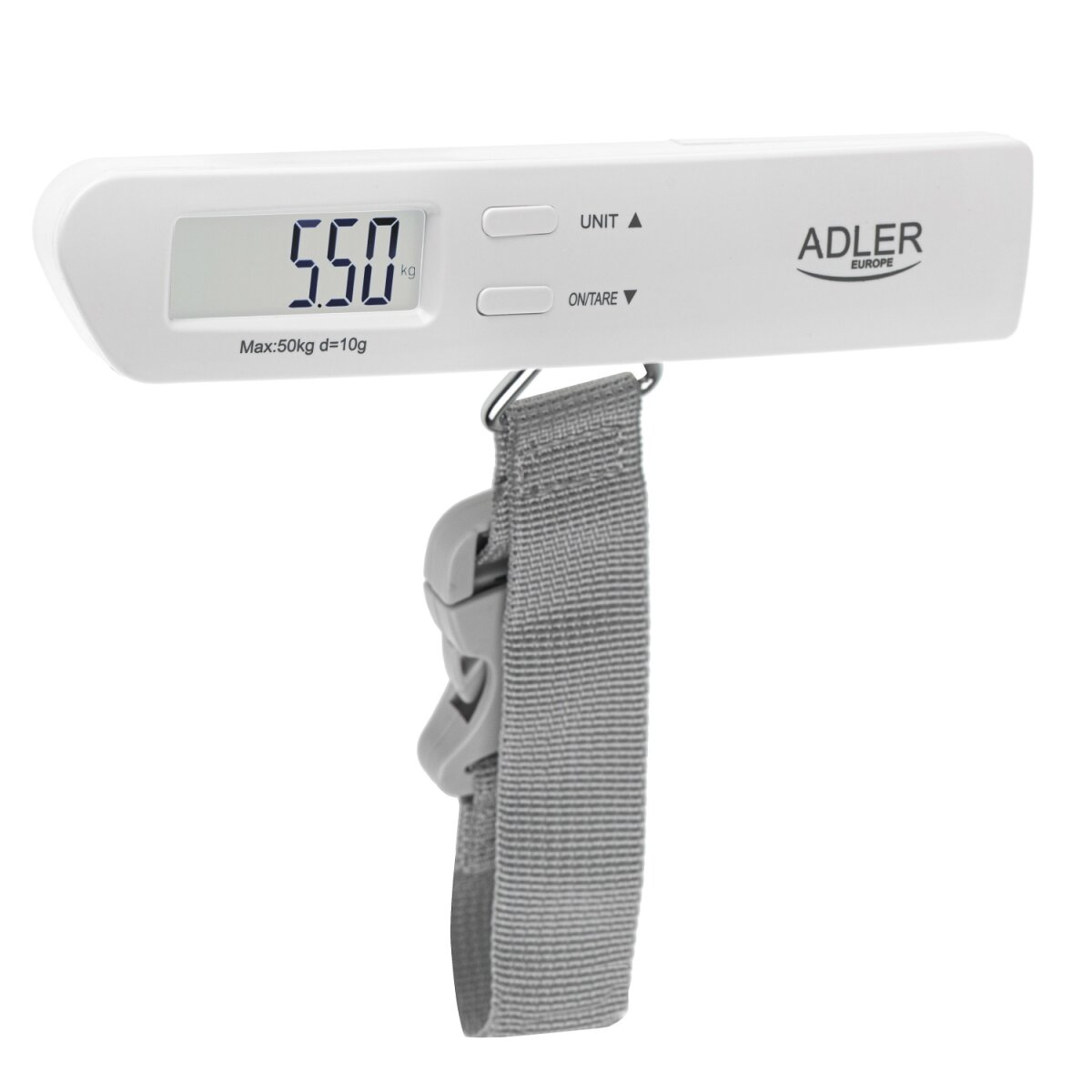 Ein weißer Kofferwaage mit digitaler Anzeige von 5,50 kg und einem grauen Gurt.