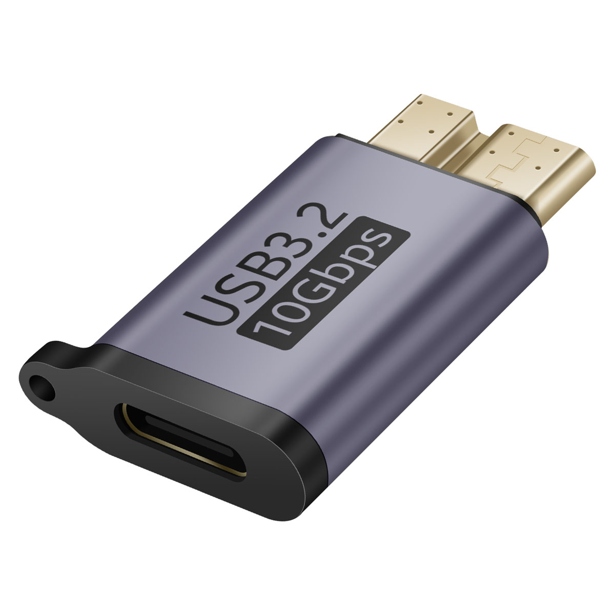 Adattatore USB 3.2 10Gbps grigio con ingresso USB-C e due uscite USB-A.