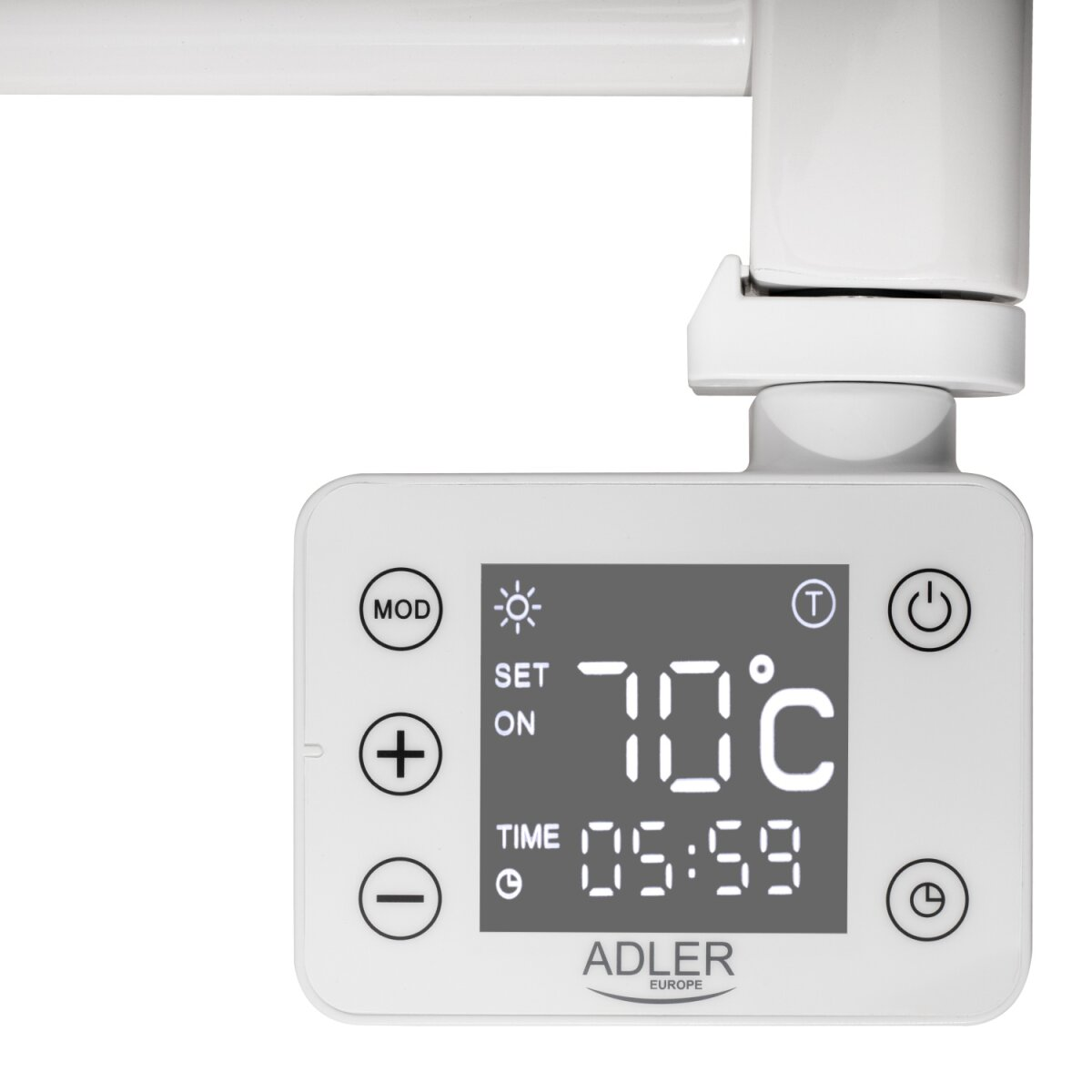 Display termostato bianco mostra 70C temp. impostata e ora 05:59. Pulsanti: MOD, +, -, accensione, timer.