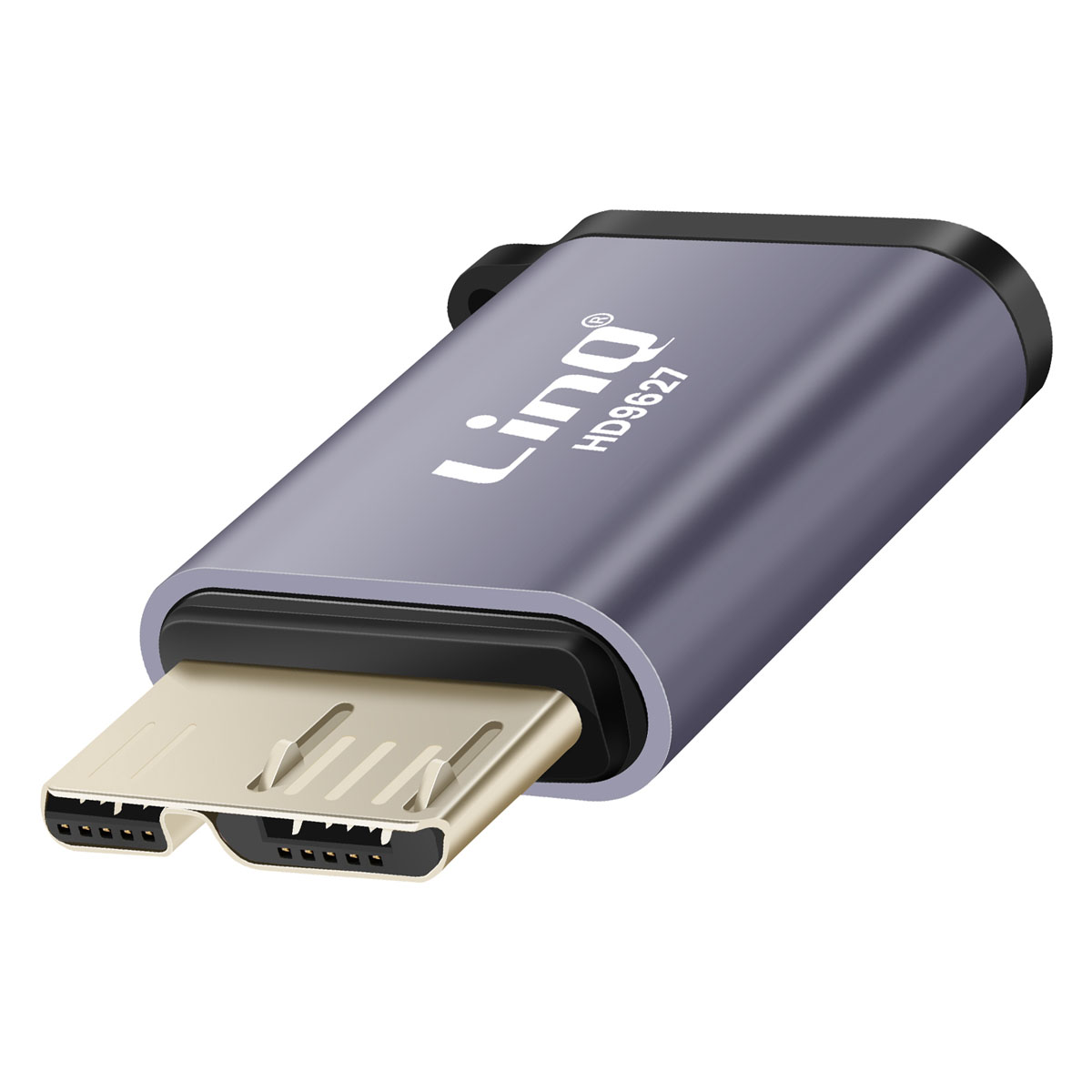 Viene mostrato un adattatore Linq HD9627 grigio con connettore HDMI dorato.