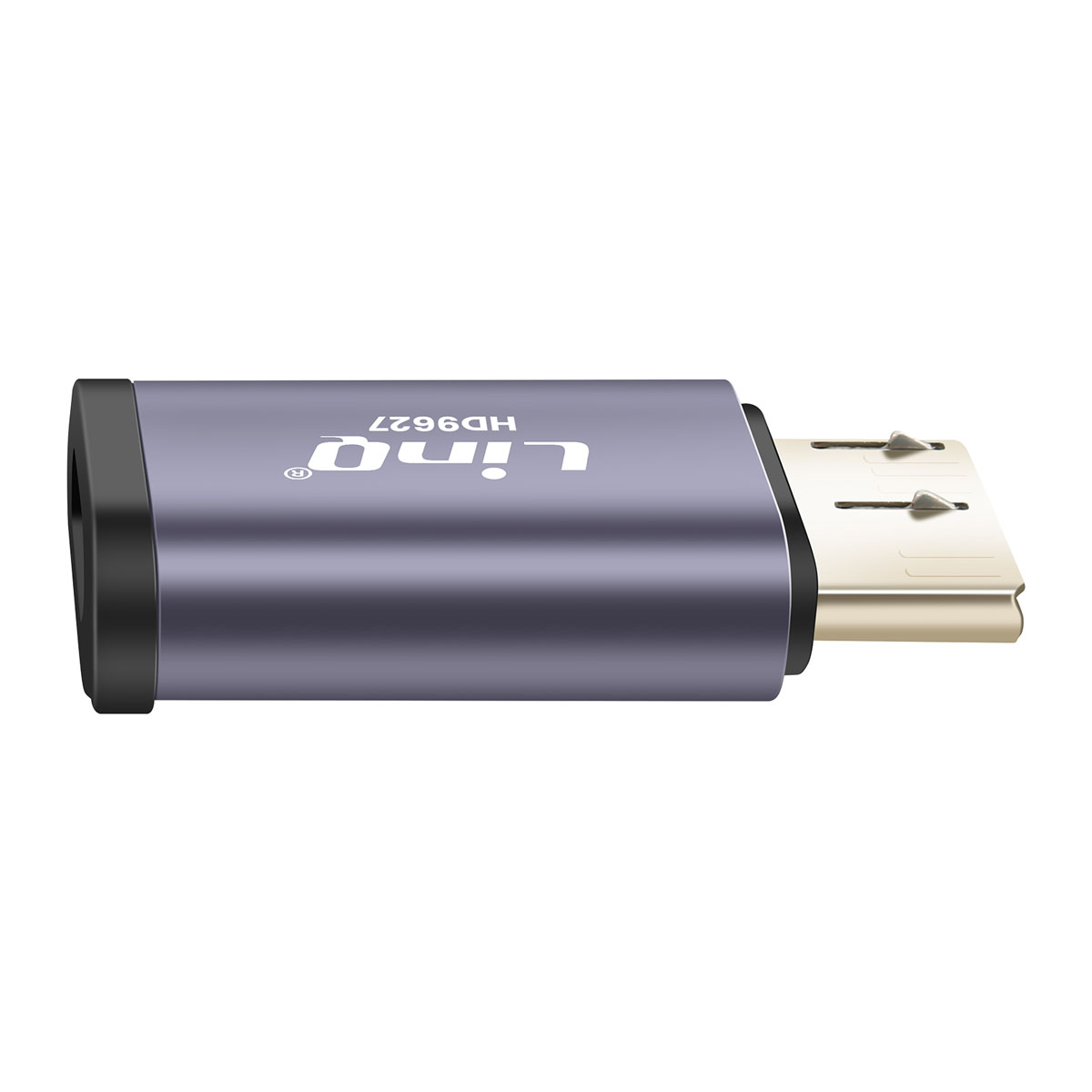 Un adattatore Linq HD9627 grigio con estremità nera e connettore dorato.