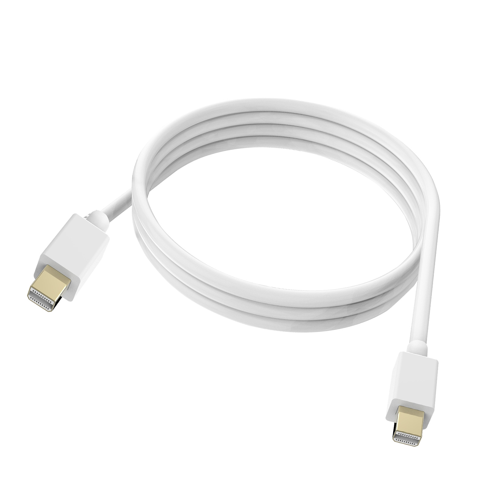 Un cavo bianco con due connettori dorati, isolato su sfondo bianco.