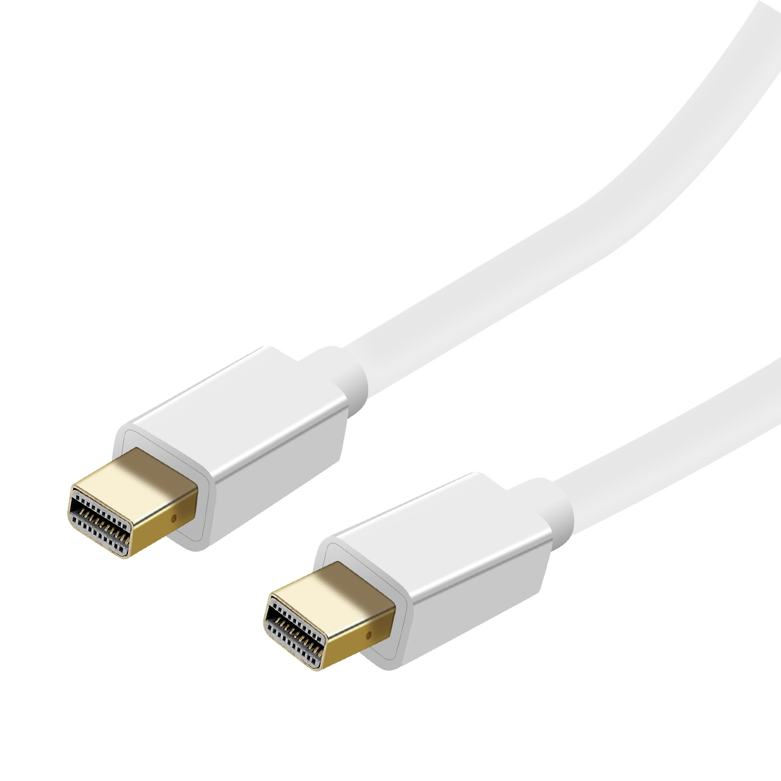 Un cavo bianco con due connettori dorati. Su sfondo bianco.
