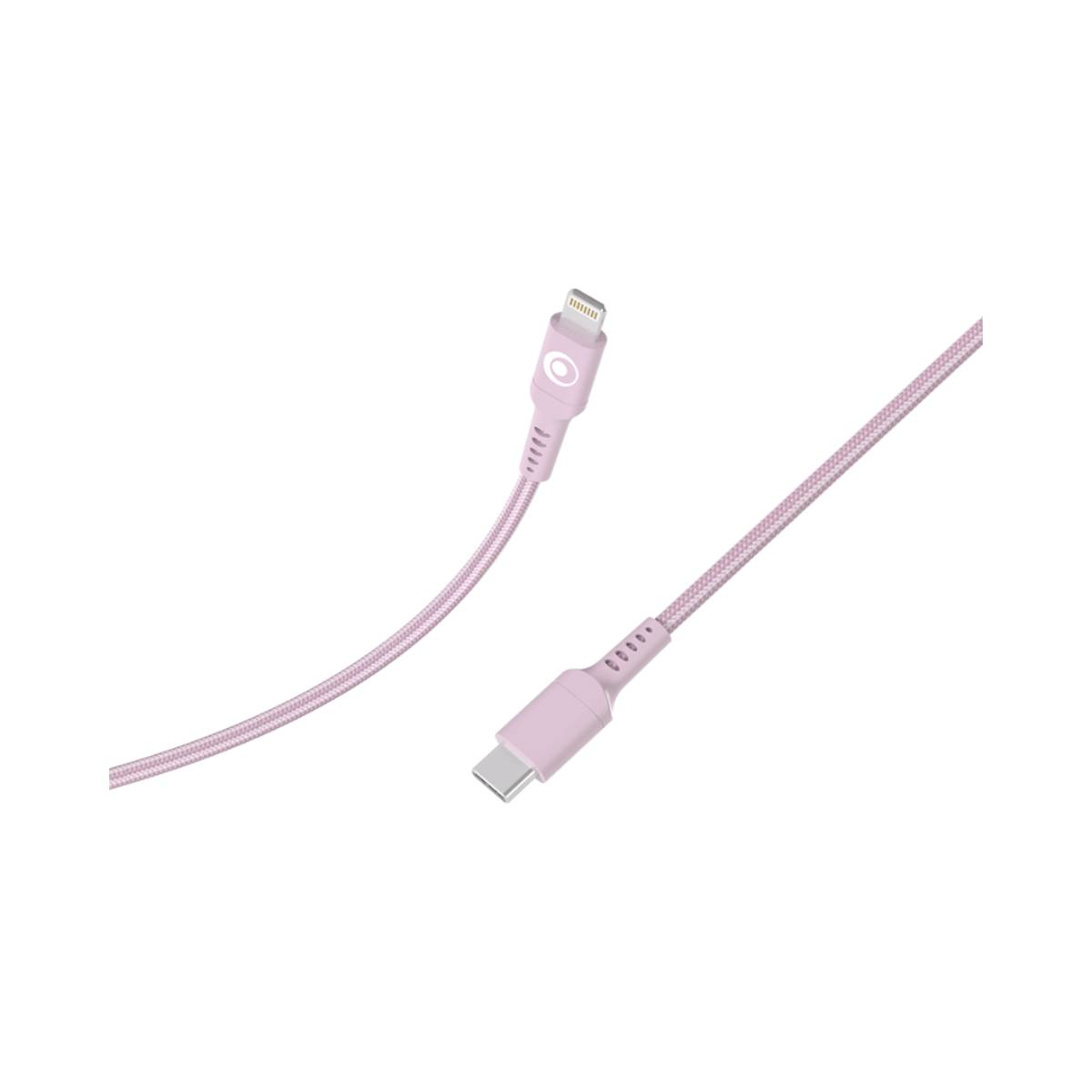 Un câble USB-C vers Lightning rose avec fil tressé et logo sur connecteurs.