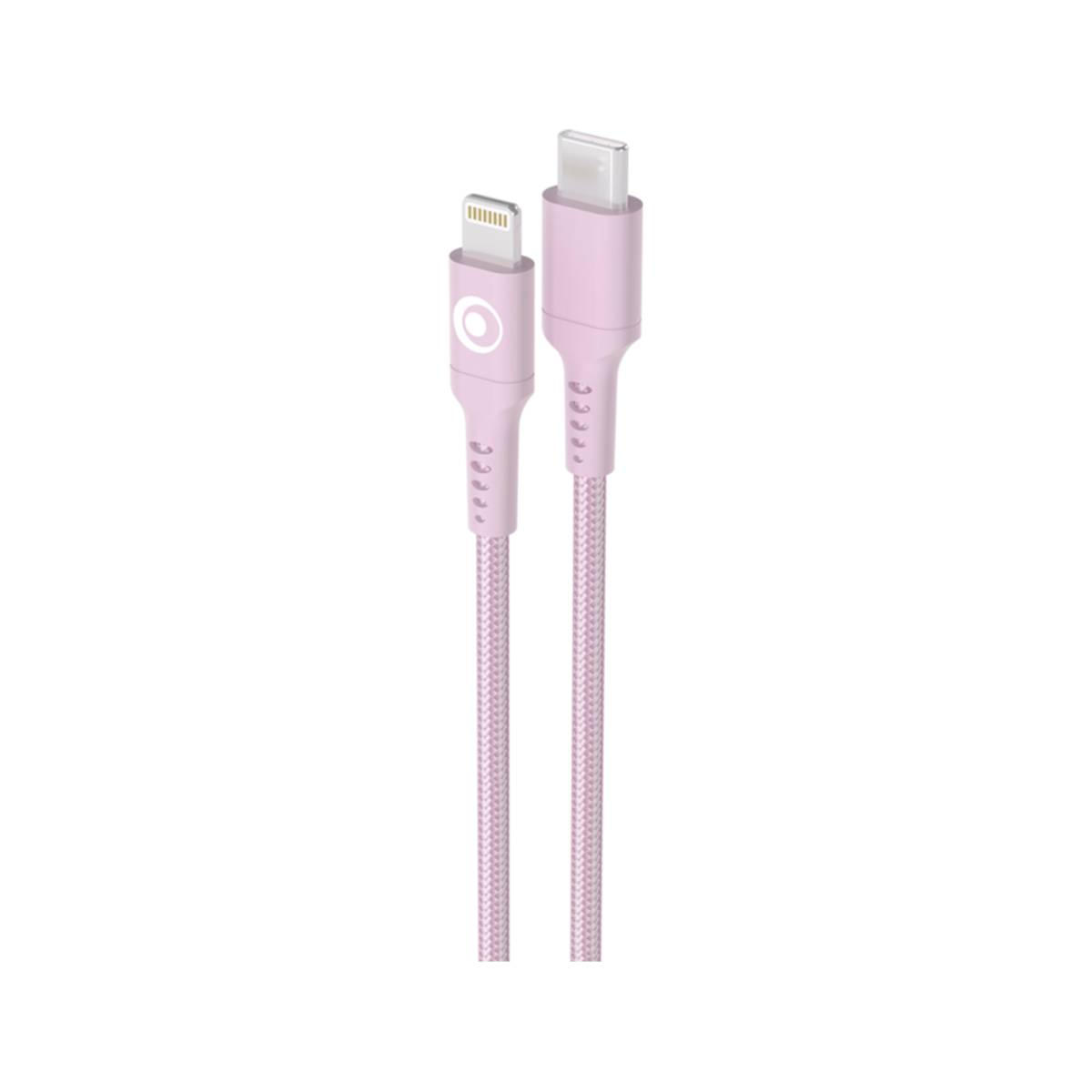 Deux câbles de chargement tressés roses avec connecteurs USB-C et Lightning.
