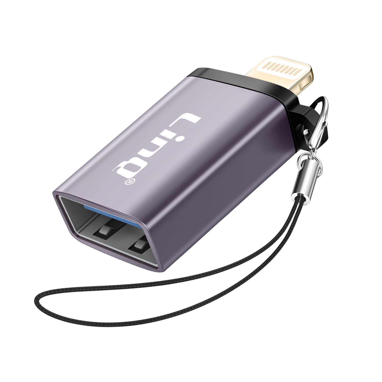 Un'unità USB viola con connettore Lightning e cordino nero.