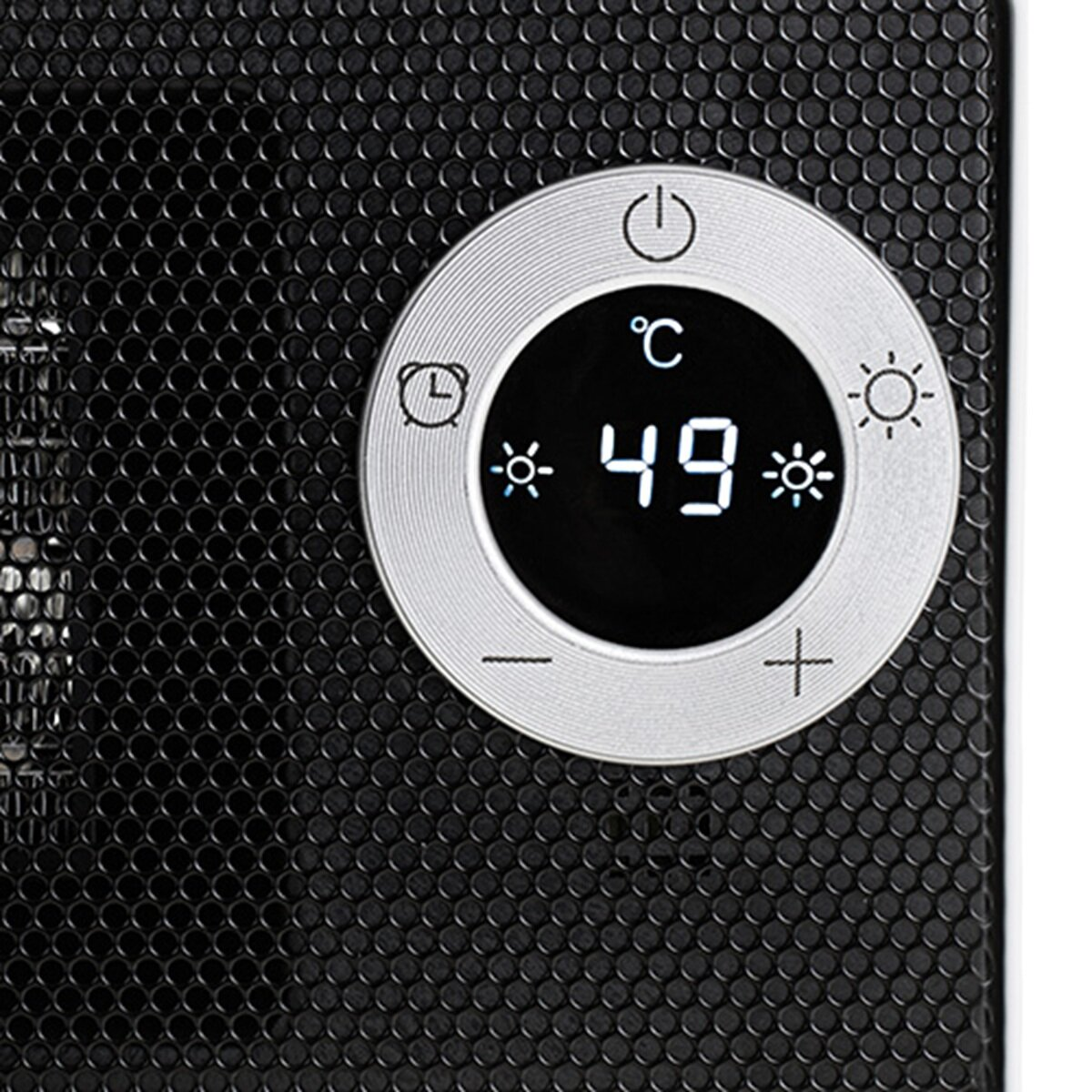 Digitalanzeige zeigt 49 Grad Celsius auf schwarzer texturierter Oberfläche.