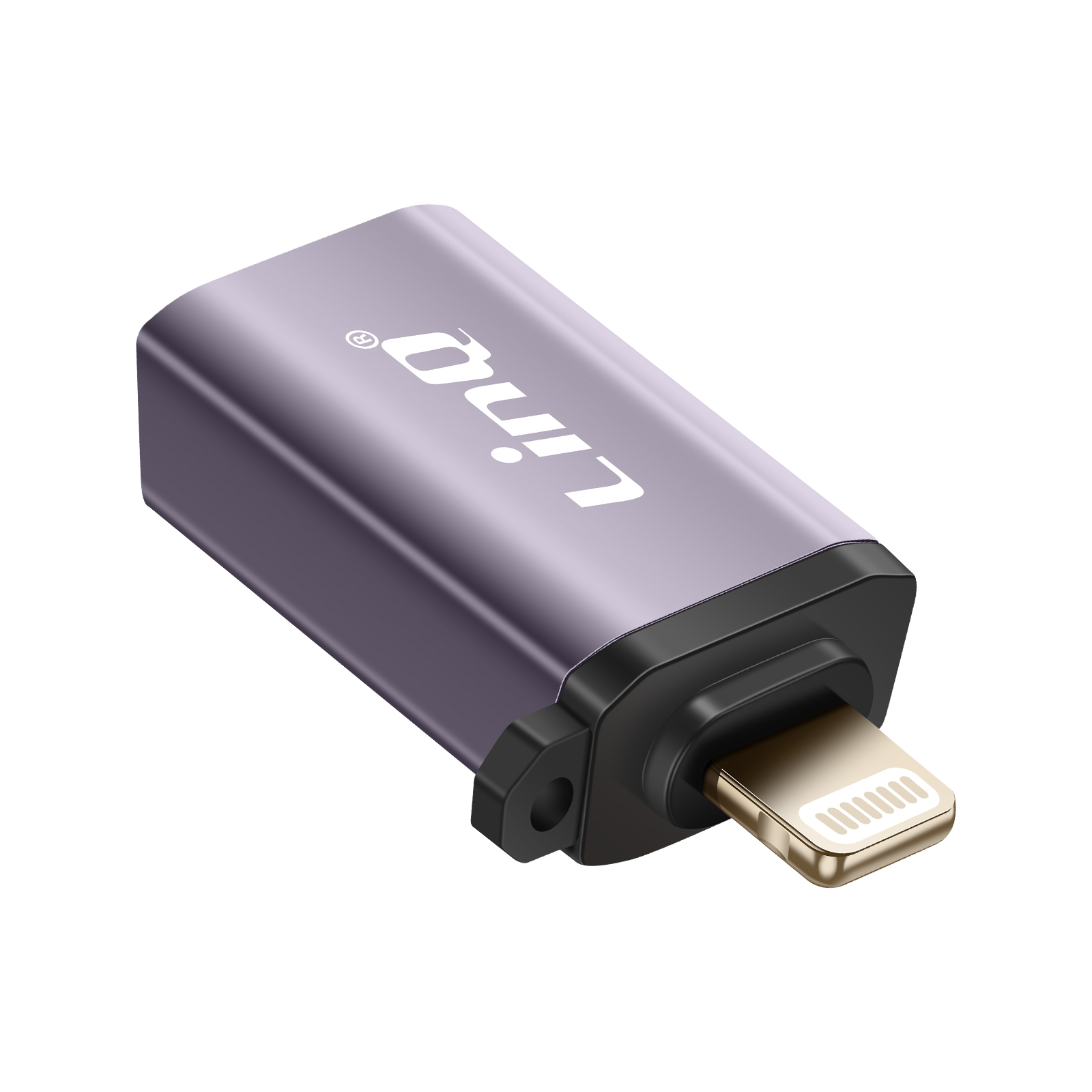 Un adattatore viola con connettore lightning e logo 'Linq'.
