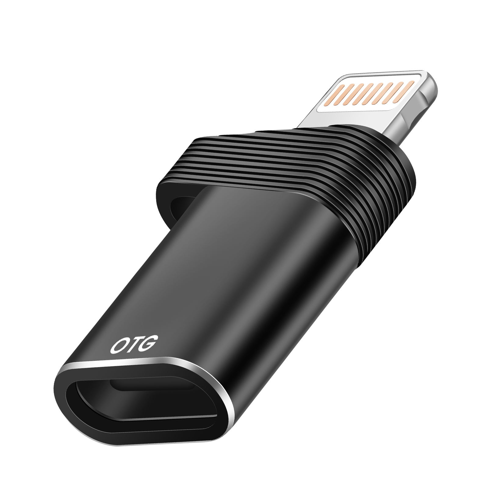 Un adattatore OTG nero con connettore Lightning e porta USB-C.