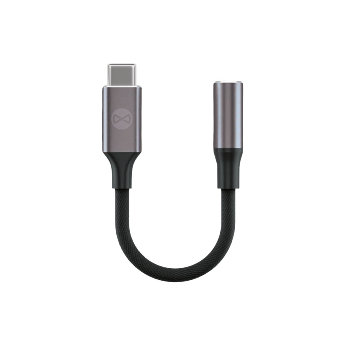 Adattatore da USB-C a jack per cuffie da 3,5 mm con cavo intrecciato nero.