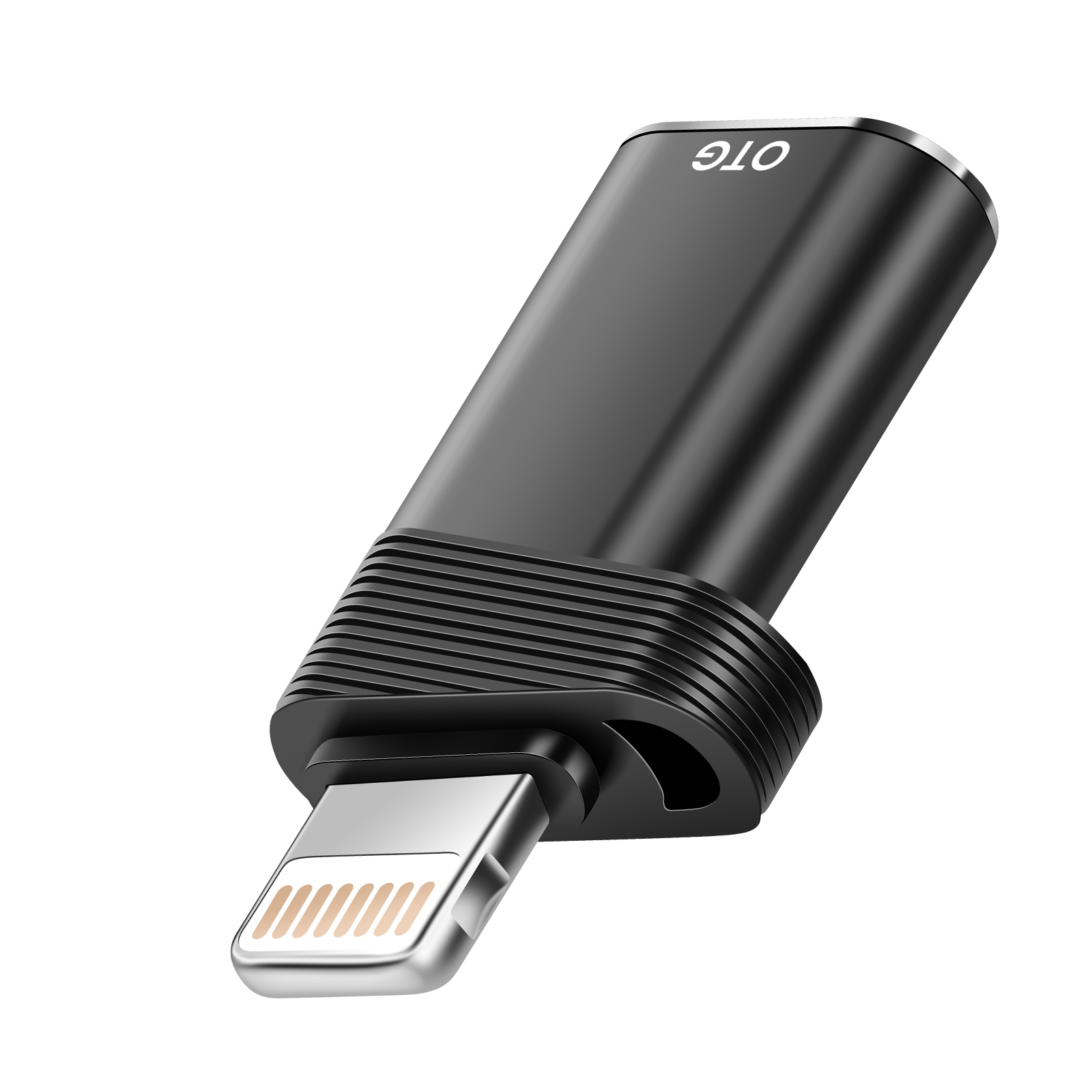 Adattatore OTG nero con connettore Lightning, su sfondo bianco.