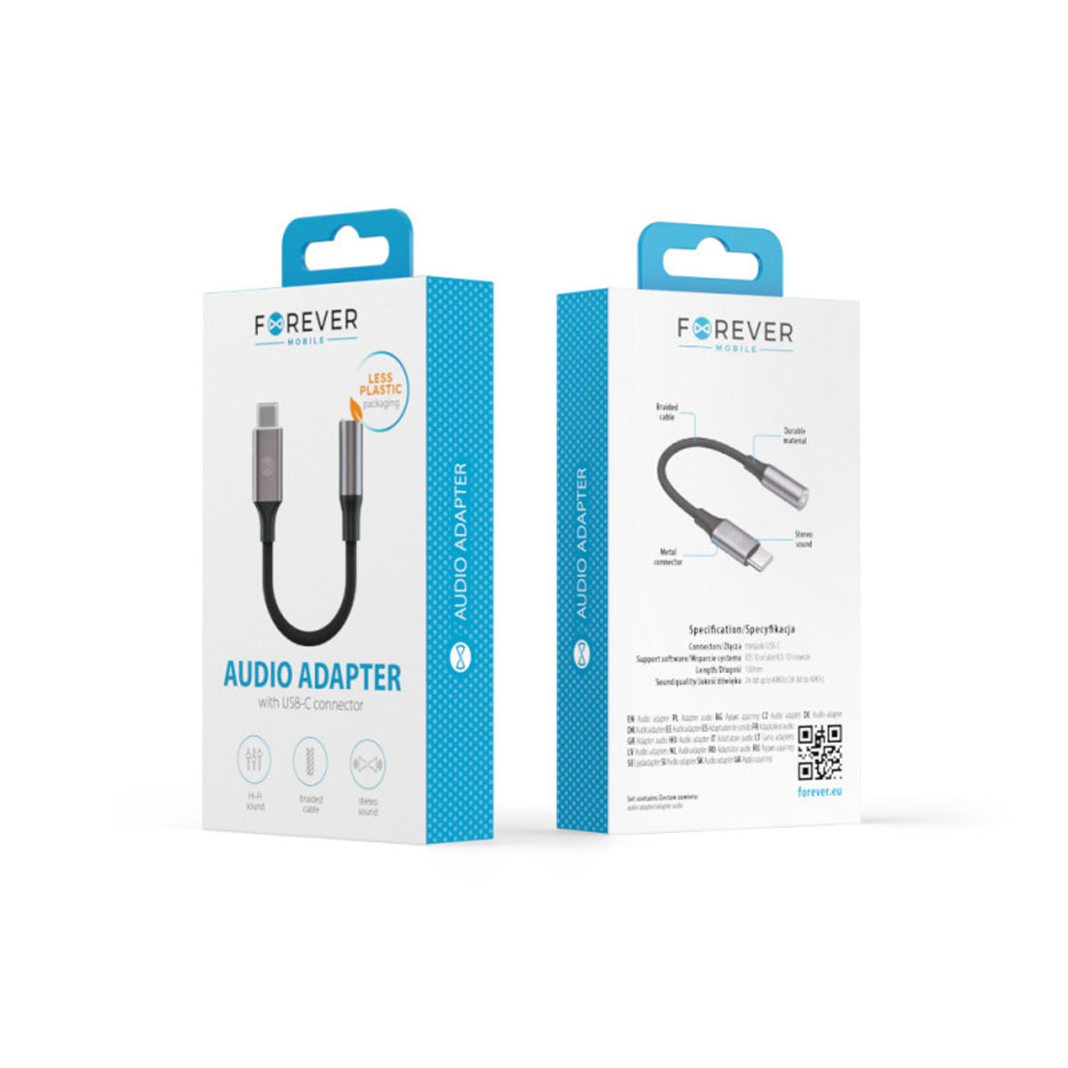 Due scatole di adattatori audio Forever mobile con connettori USB-C. Una mostra l'adattatore, l'altra le sue specifiche.