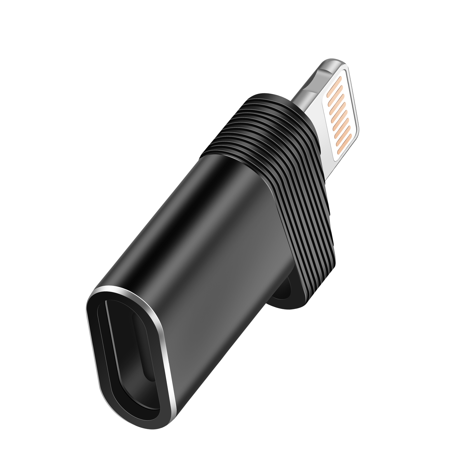 Adattatore nero con sezione a coste e connettore lightning argentato. Sfondo bianco.
