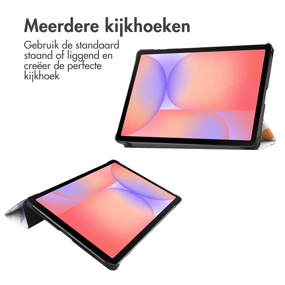 Due tablet mostrati in diverse orientazioni, entrambi con schermi colorati astratti e custodie protettive.