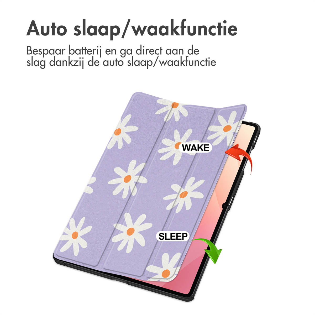 Custodia viola per tablet con motivo a margherite, mostra funzione auto sleep/wake.