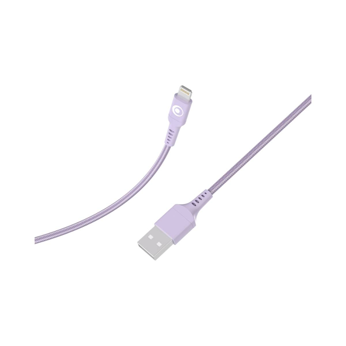 Un câble USB-A vers Lightning lilas avec cordon tressé, isolé sur blanc.