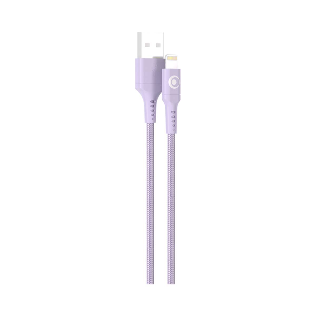 Un câble violet USB-C vers Lightning avec tissu tressé et détails de connecteur.