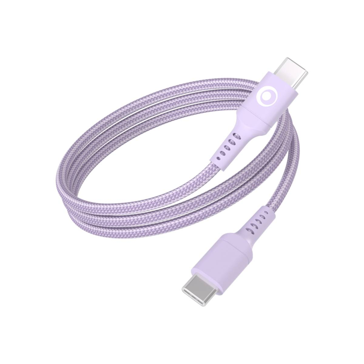 Un câble USB-C violet enroulé avec des accents blancs et une texture tressée.