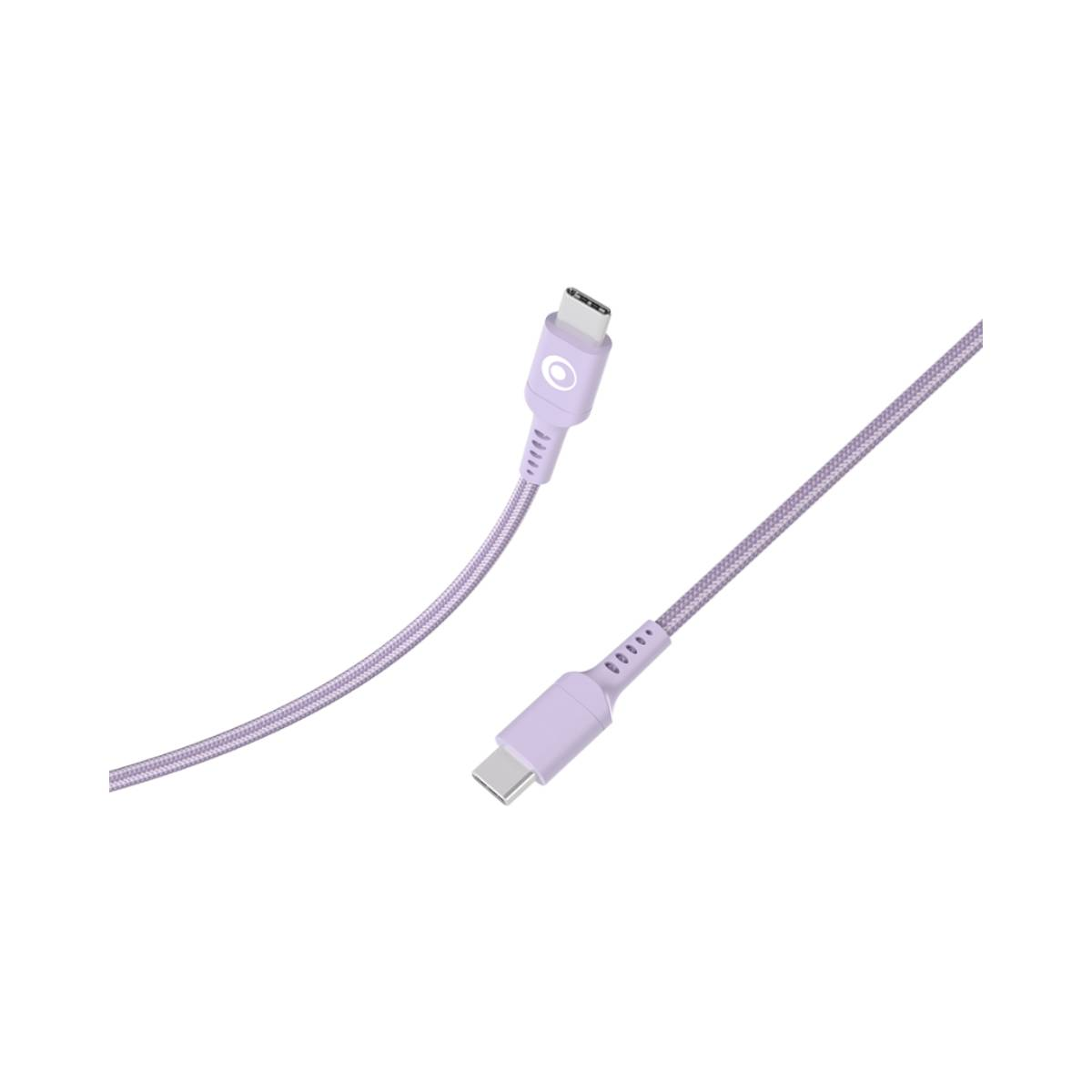 Un câble USB-C violet avec deux connecteurs est présenté sur fond blanc.