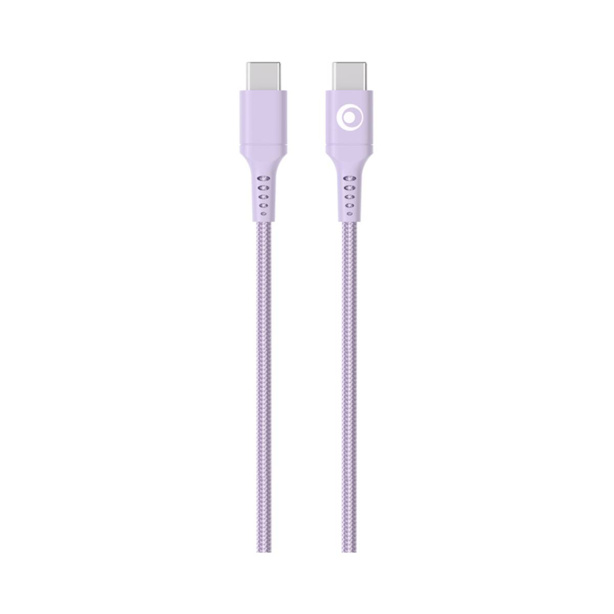 Deux câbles USB-C violets avec cordons tressés et connecteurs argentés sur blanc.