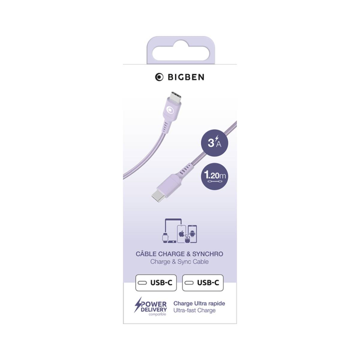 Câble de charge et synchro USB-C Bigben, 3A, 1,20m, compatible Power Delivery.
