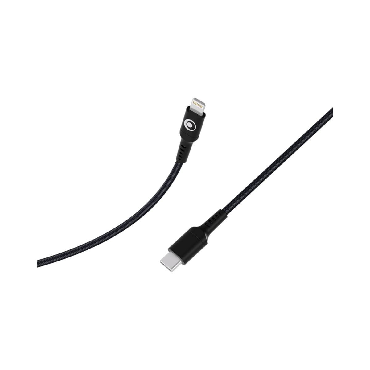 Câble tressé noir avec connecteurs Lightning et USB-C sur fond blanc.