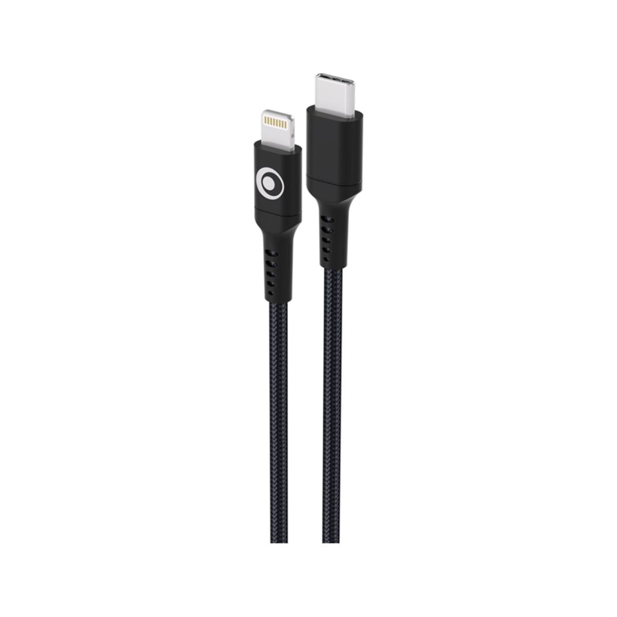 Un câble de chargement noir avec connecteurs Lightning et USB-C sur fond blanc.