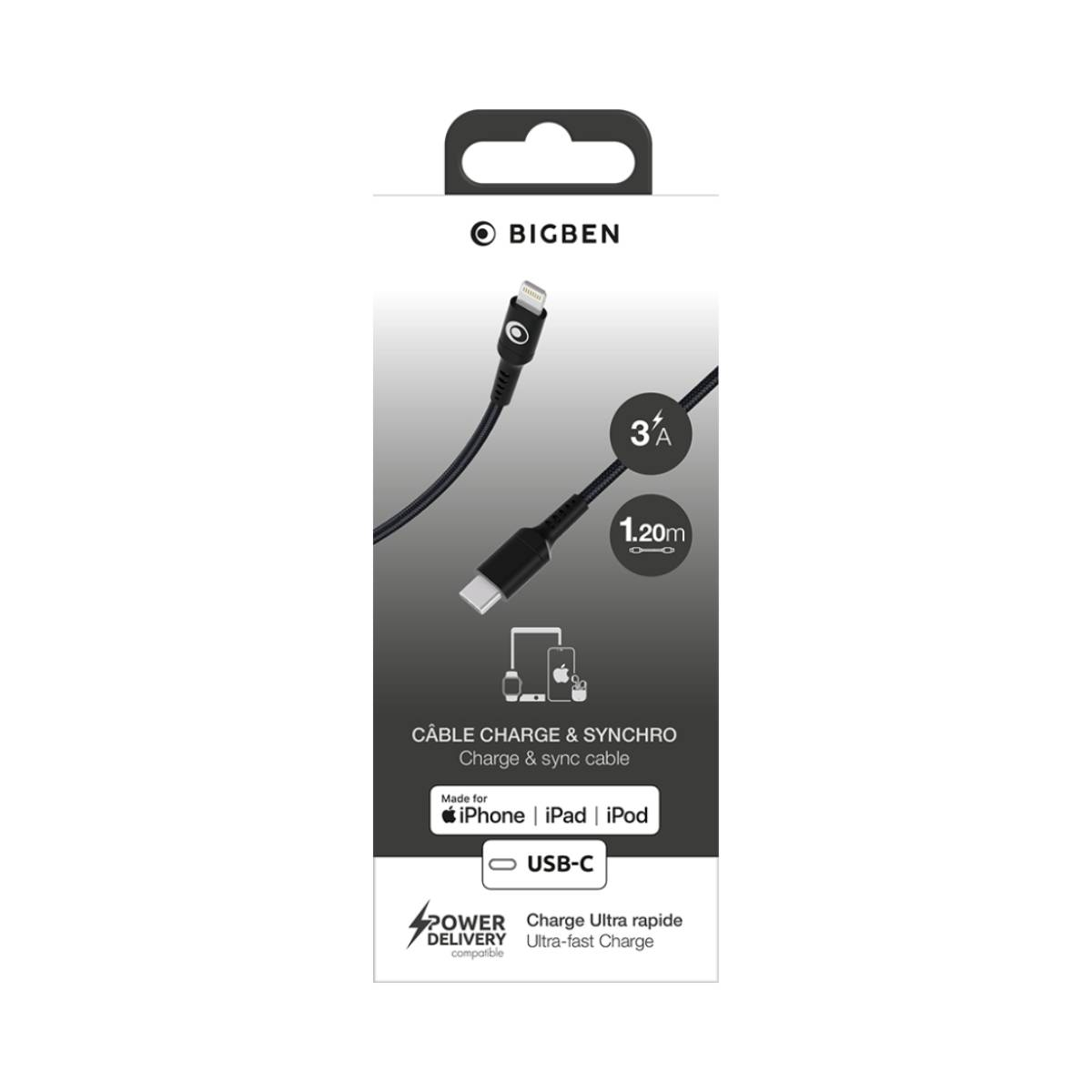 Câble de charge BIGBEN : 1,20m, 3A, USB-C vers Lightning, pour iPhone, iPad, iPod.
