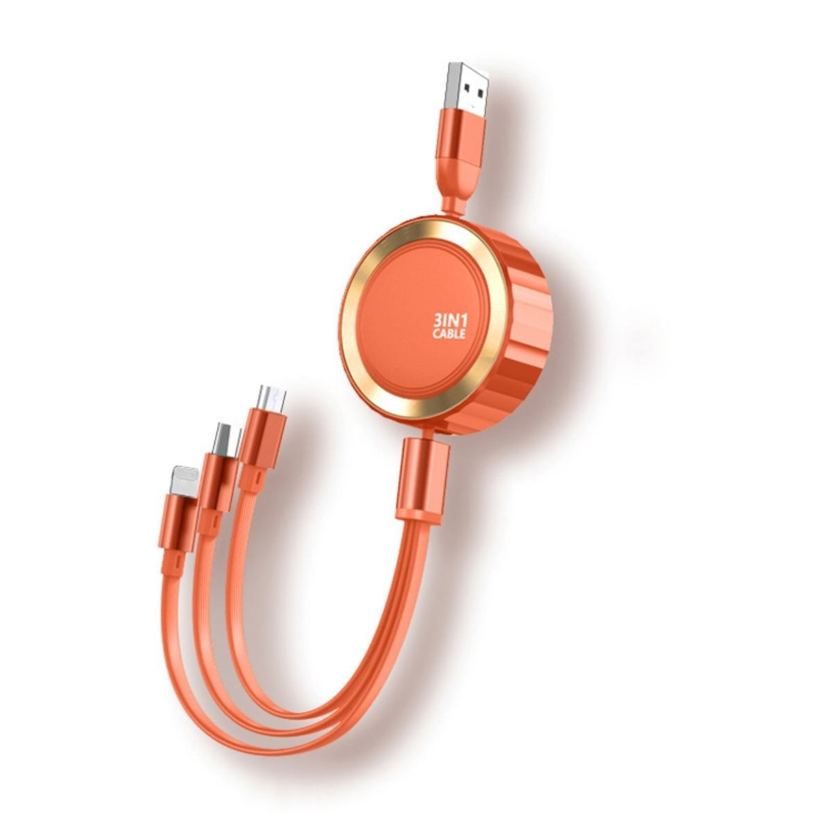 Câble de chargement rétractable orange 3-en-1 avec connecteurs USB-A, USB-C et Lightning.