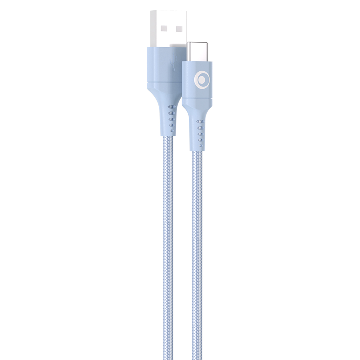 Un cavo da USB-A a USB-C azzurro con guaina intrecciata.