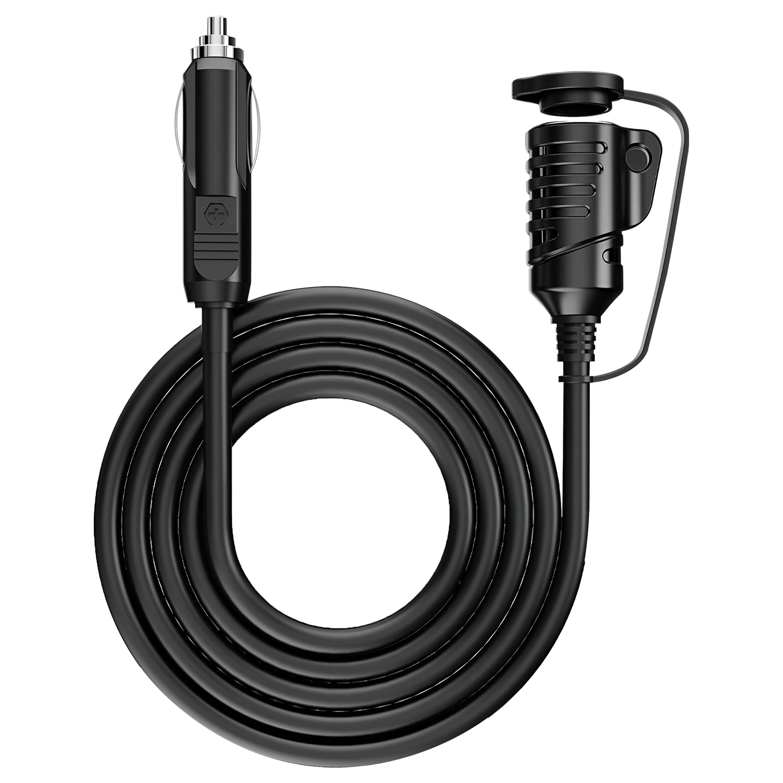 Cavo caricabatterie auto nero avvolto, mostra la spina accendisigari e la porta USB.