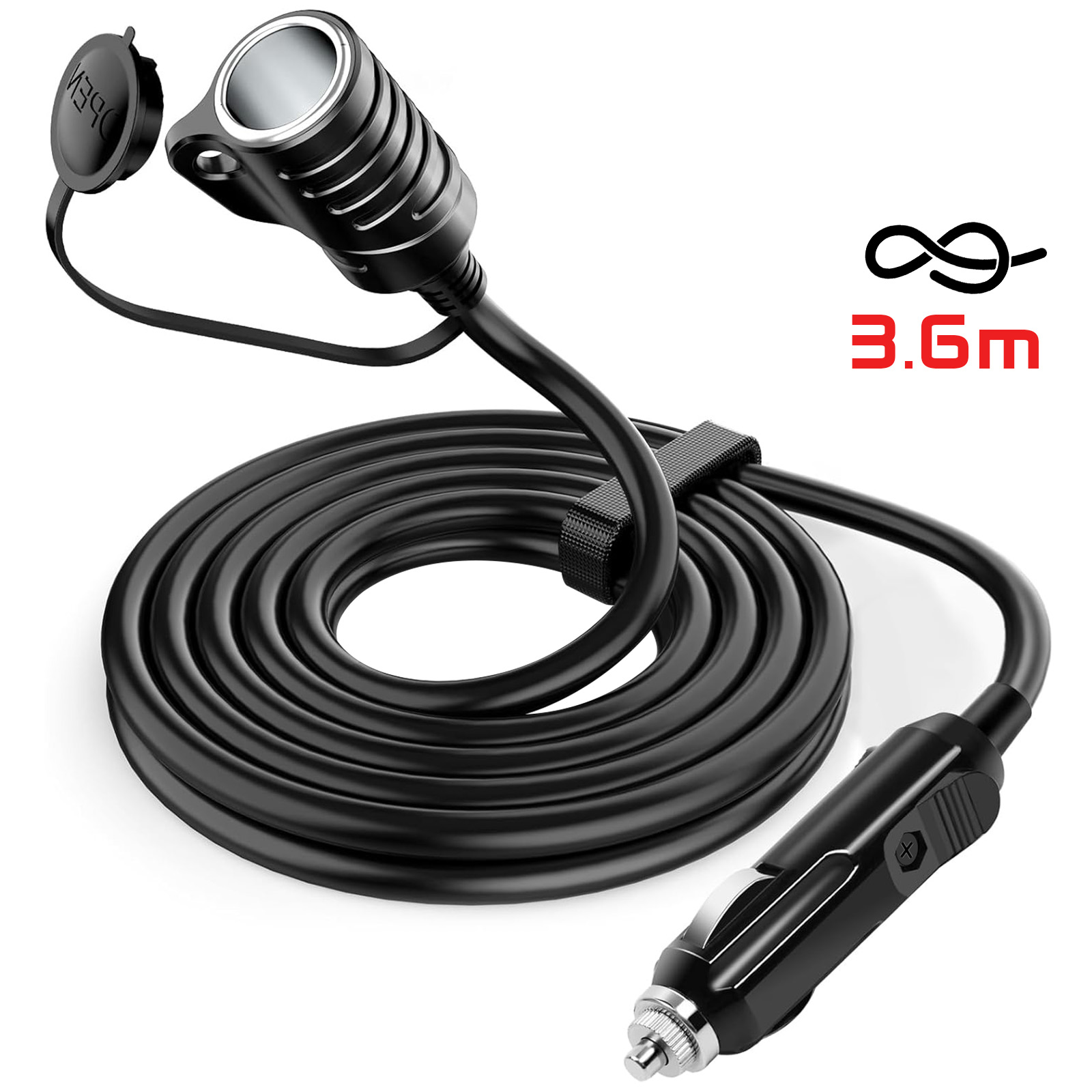 Cavo caricabatterie auto nero da 3,6 m con cavo a spirale e spina auto.