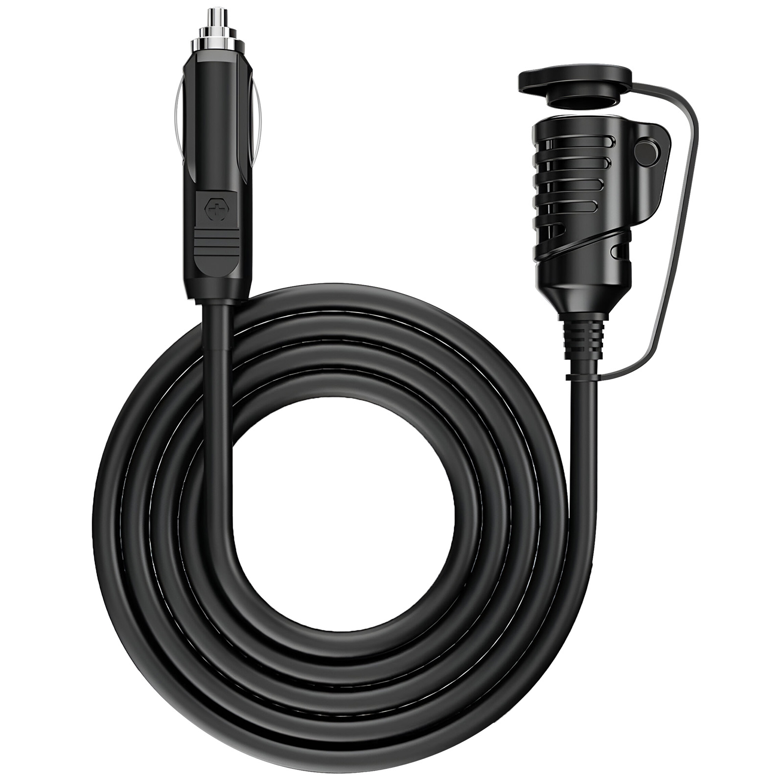 Cavo caricabatterie auto nero avvolto con due estremità: una spina per auto, una porta USB con cappuccio.