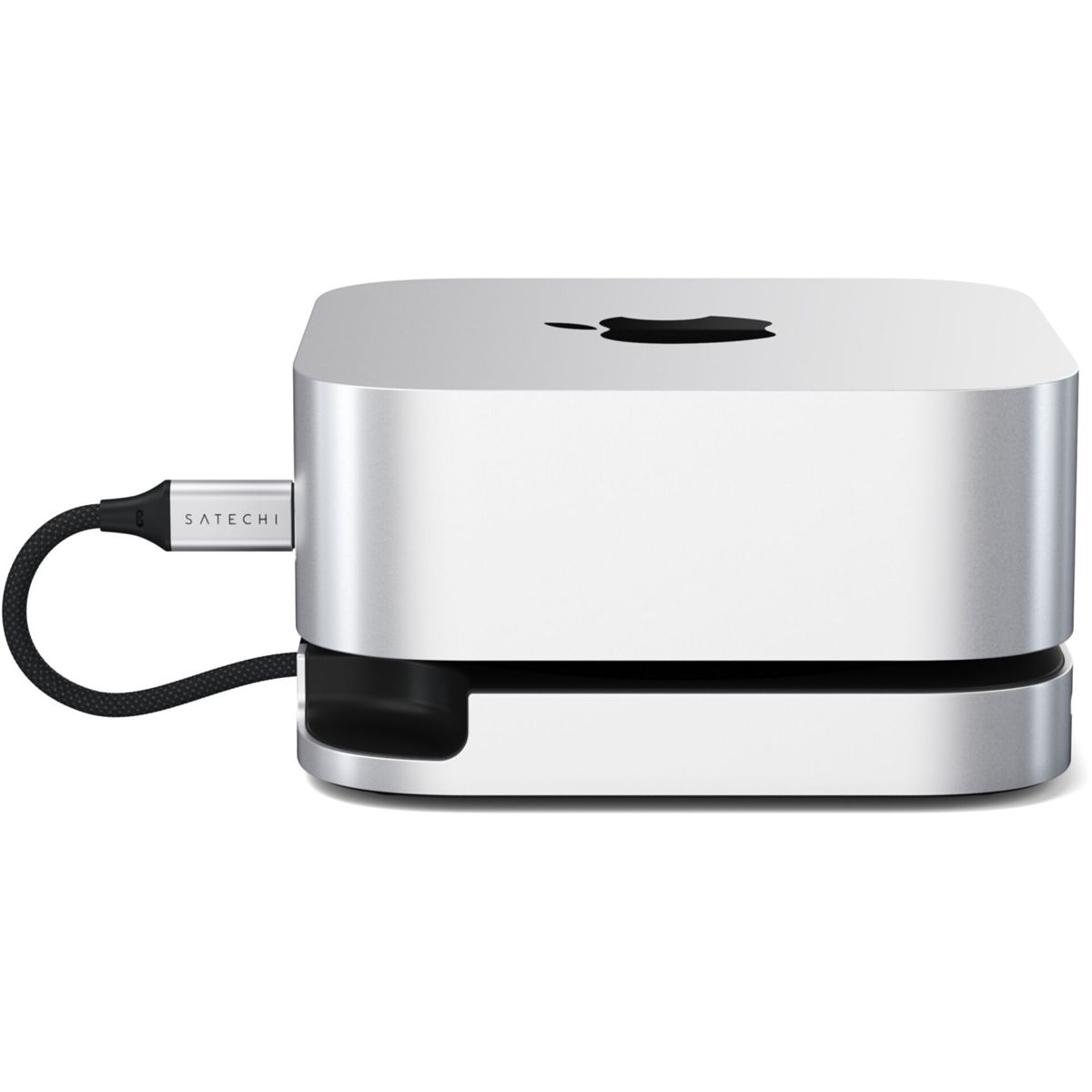 Silberner Apple Mac Mini mit schwarzem Satechi USB-C-Kabel an der Seite.