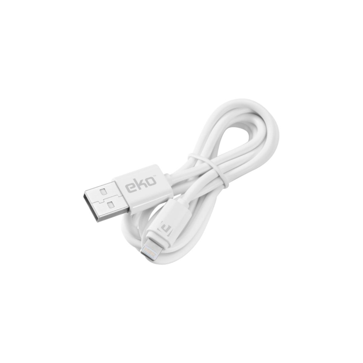 Un câble blanc USB vers Lightning, montrant les connecteurs Eko et Lightning.