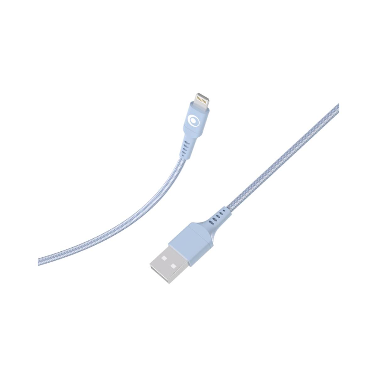 Un câble USB-C vers Lightning bleu clair avec cordon tressé.