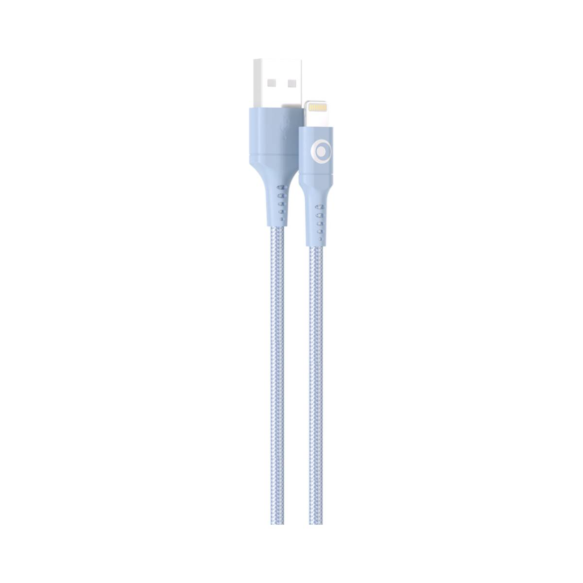 Câble tressé bleu clair USB-A vers Lightning sur fond blanc.