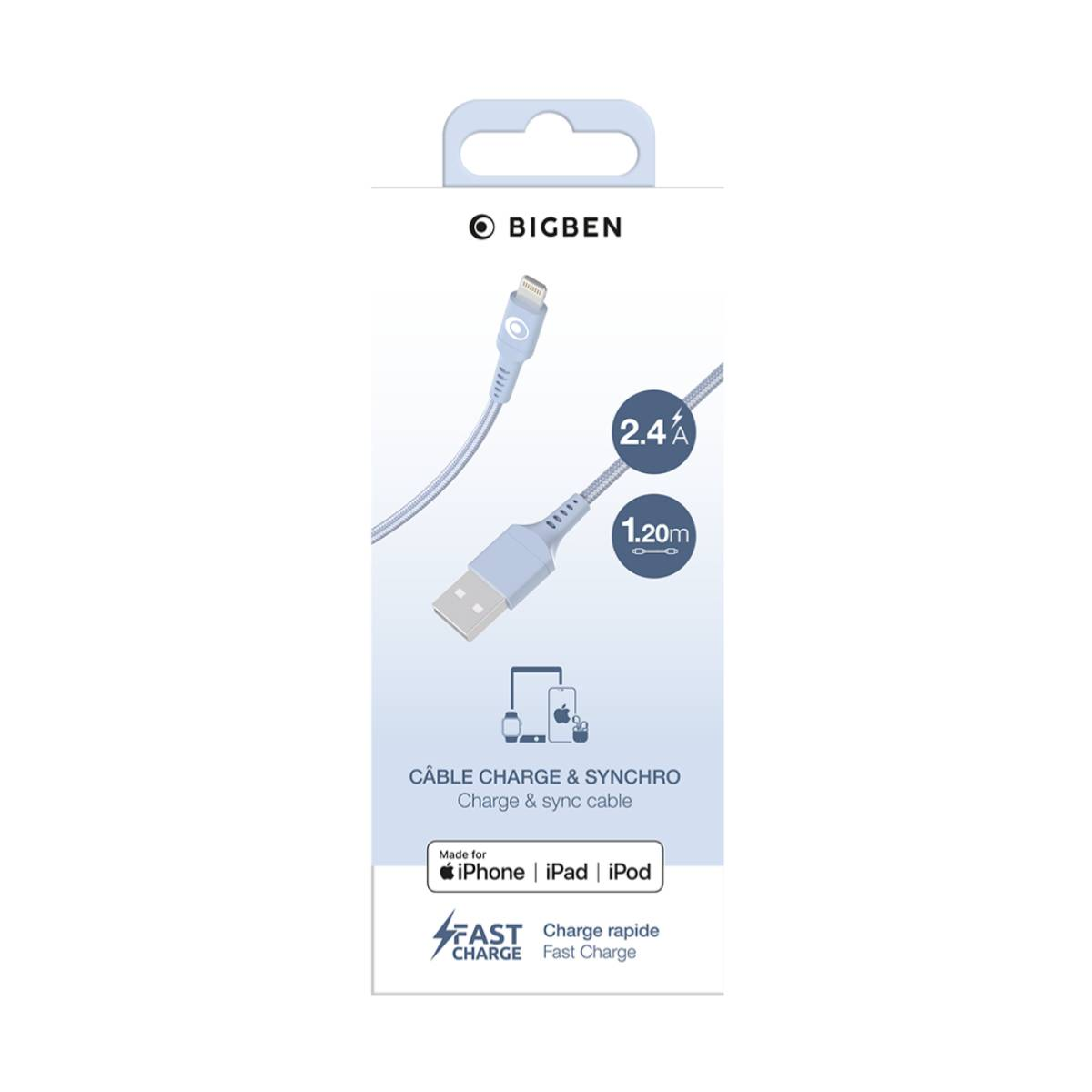 Câble de charge et synchro BIGBEN pour iPhone, iPad, iPod. 2.4A, 1.20m.