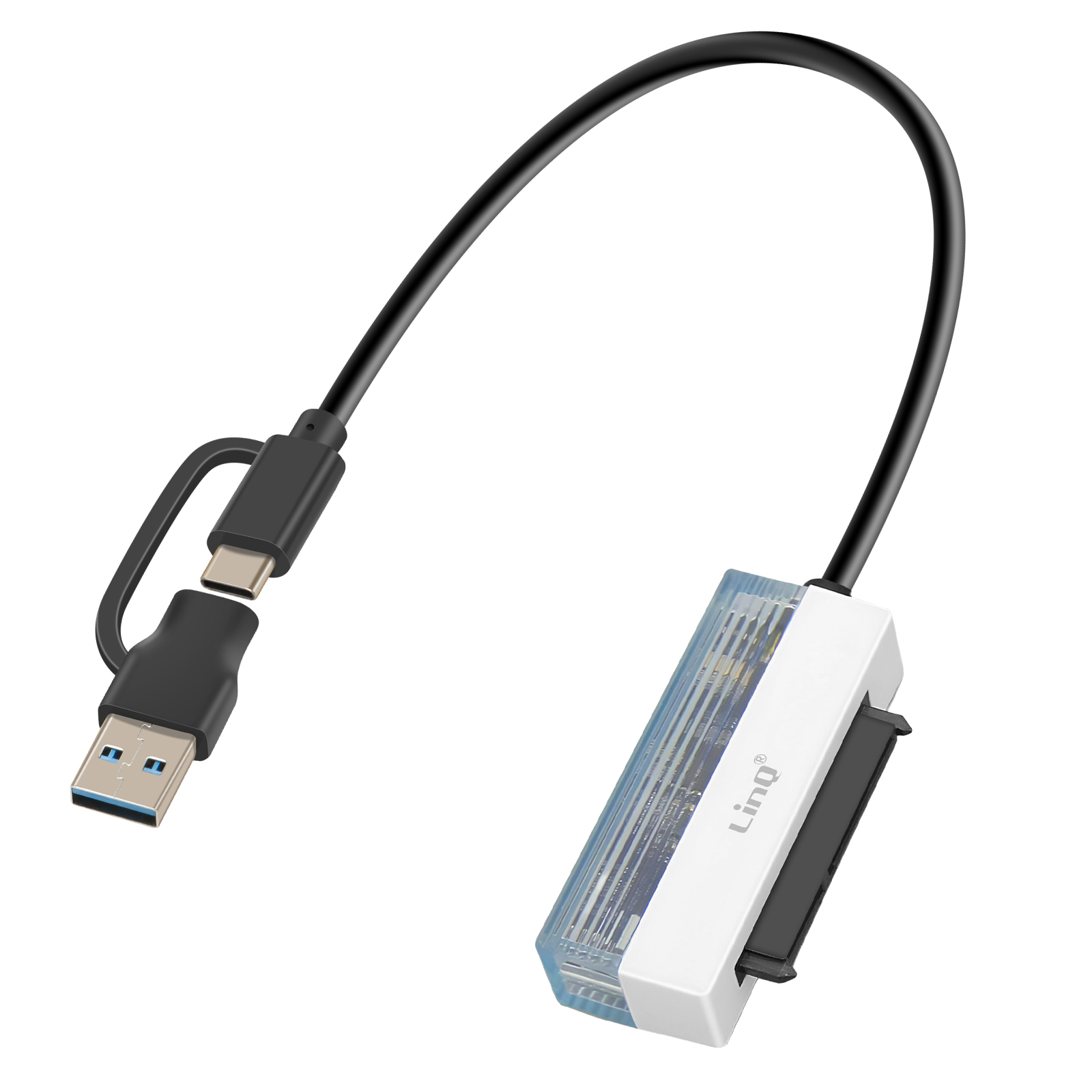 Un cavo nero collega una spina USB-A e USB-C a un adattatore bianco con parte superiore blu trasparente e porta SATA.