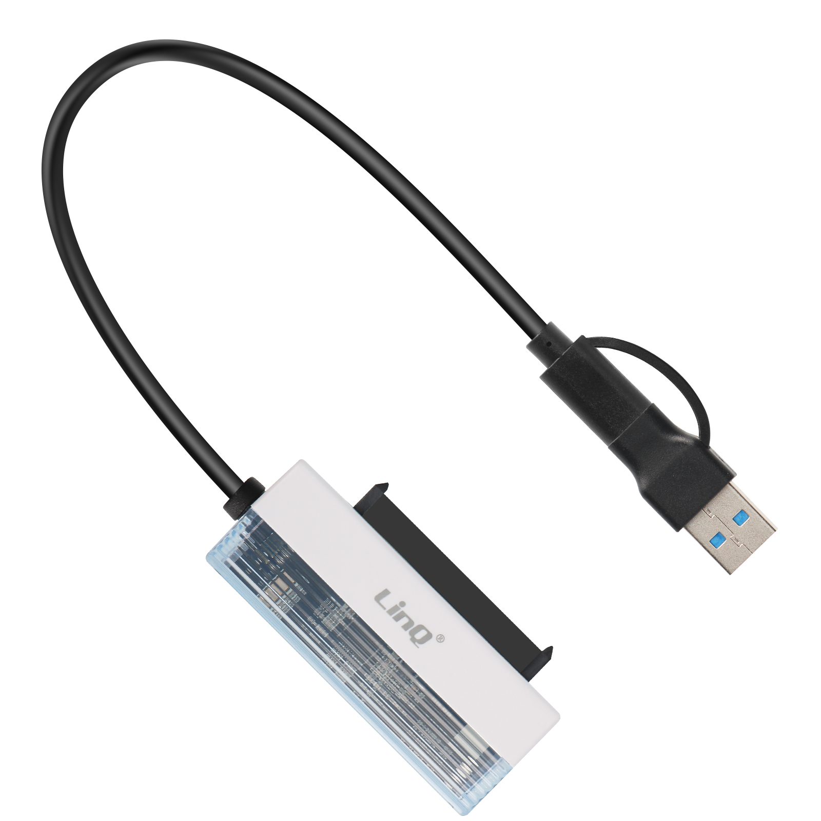 Cavo adattatore da SATA a USB bianco con cavo nero e connettore USB 3.0 blu.
