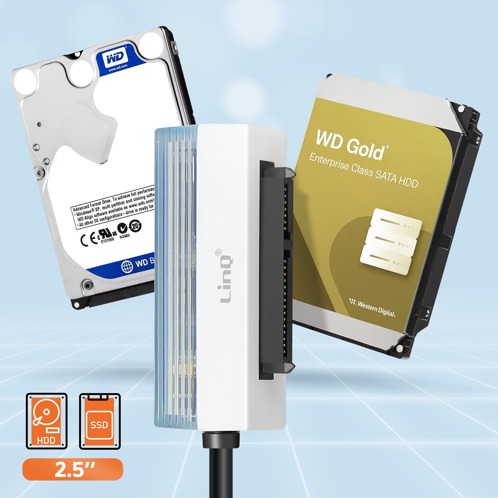 Due hard disk WD, un adattatore bianco e icone da 2,5 pollici.