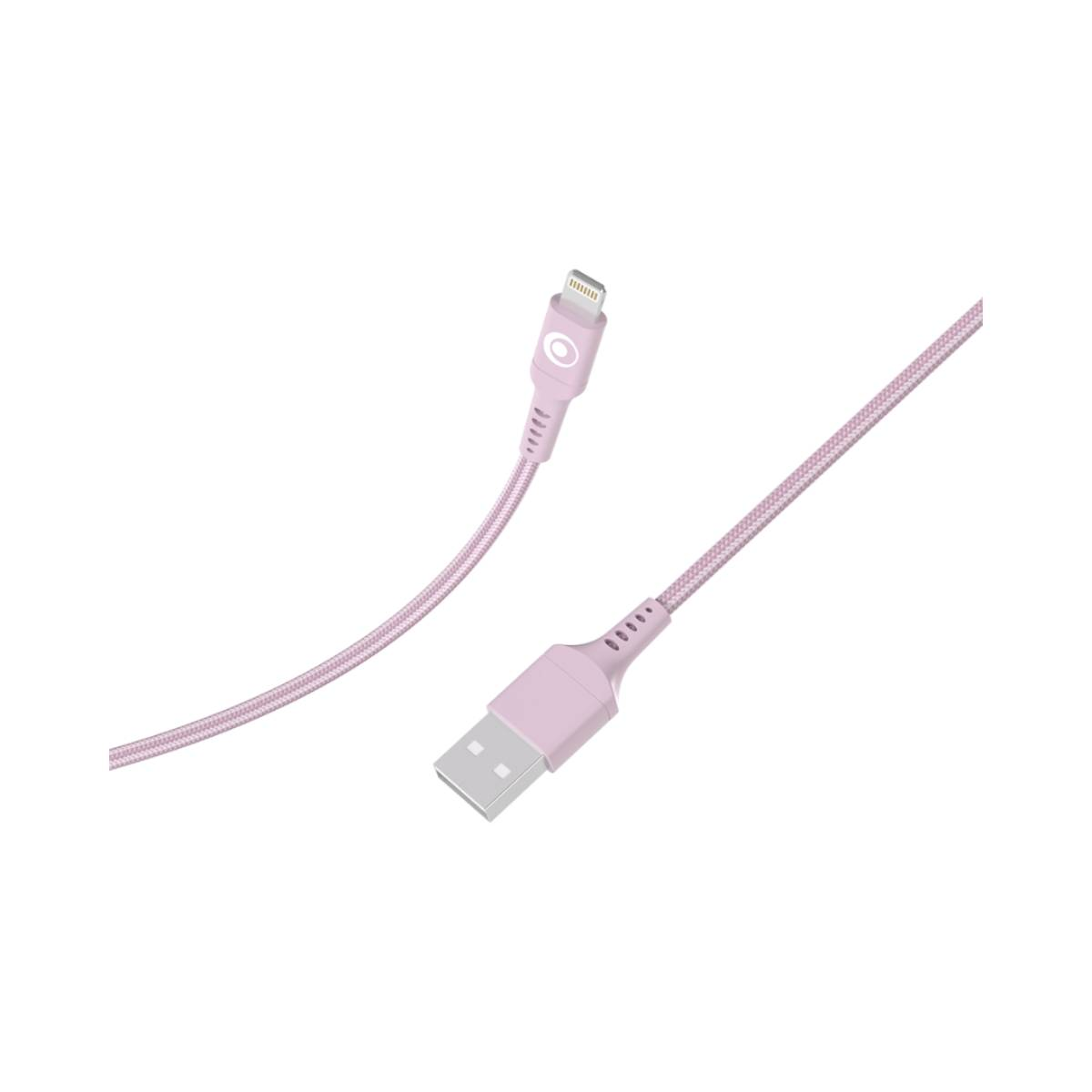 Un câble USB-C vers Lightning tressé rose avec connecteurs sur fond blanc.