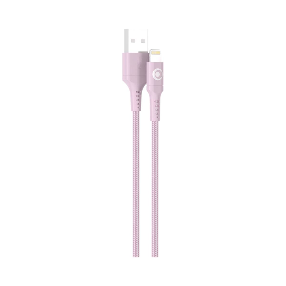 Un câble USB-C vers Lightning tressé rose avec connecteurs blancs.